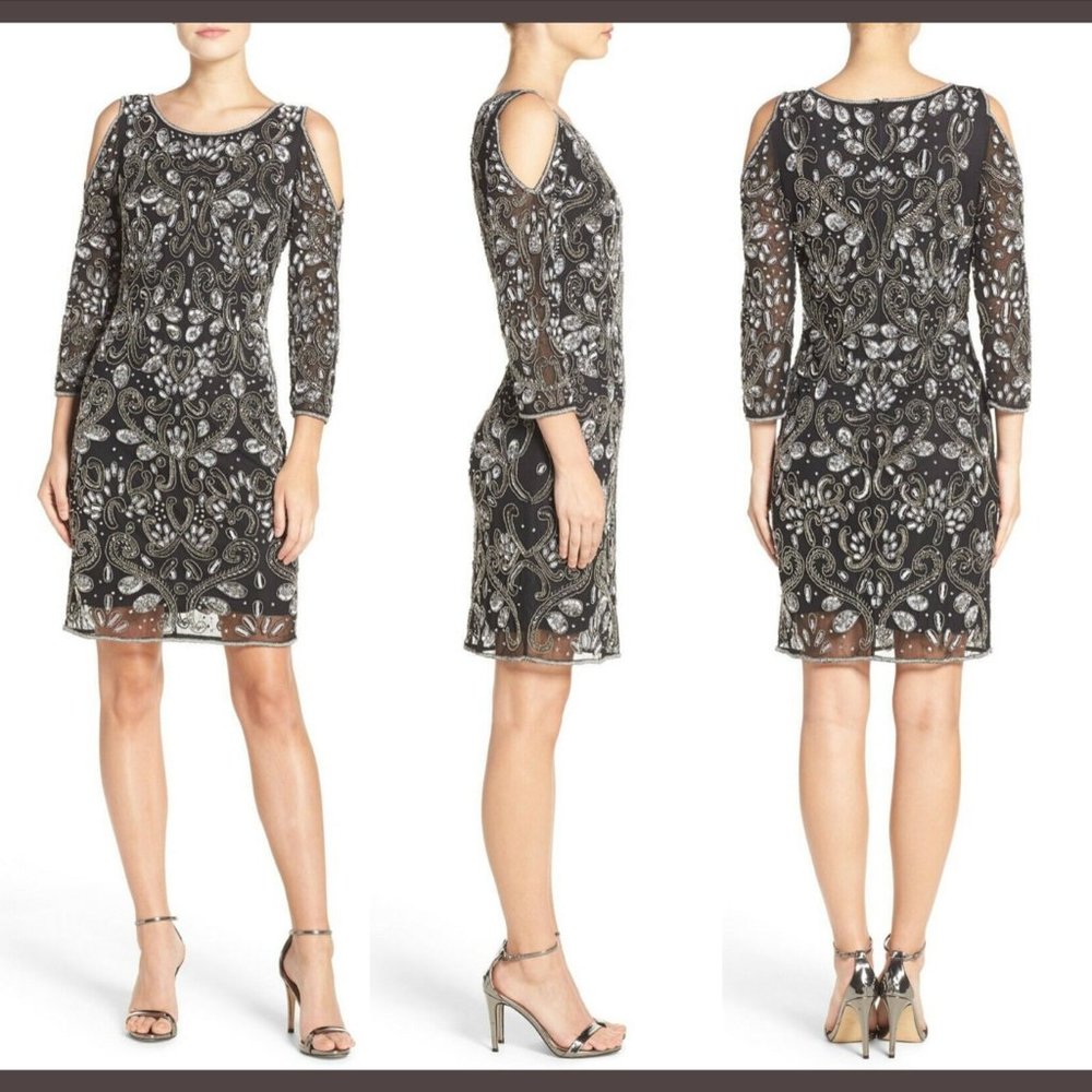 NWT Pisarro Nights Embellished Mesh‎ Cold-Shoulder Sheath Dress [SIZE 6 ]